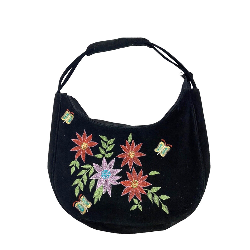 Vintage Y2K Suede Leather Shoulder Bag Purse Black Embroidered Butterflies Asian